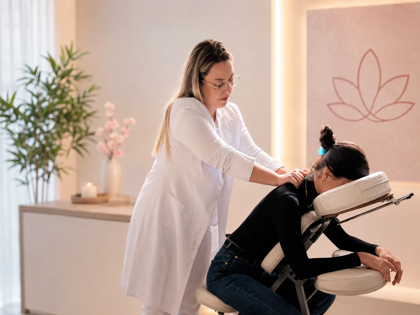 Marcela aplicando Quick Massage em ambiente acolhedor